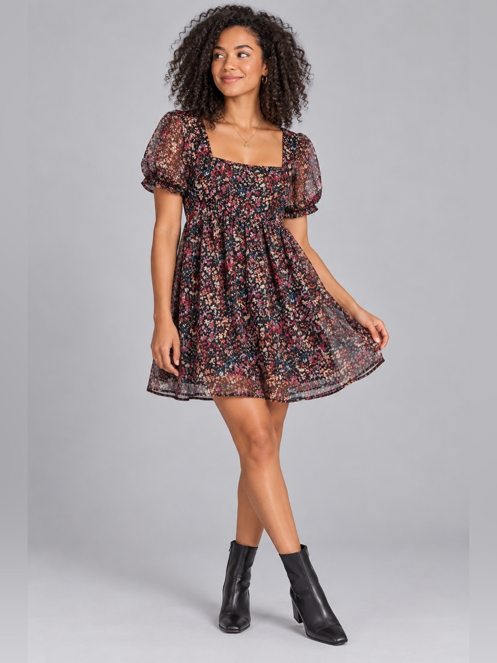 Wild Fable Floral Mini Dress S Puff Sleeve Smocked Back Square Neck Cottagecore